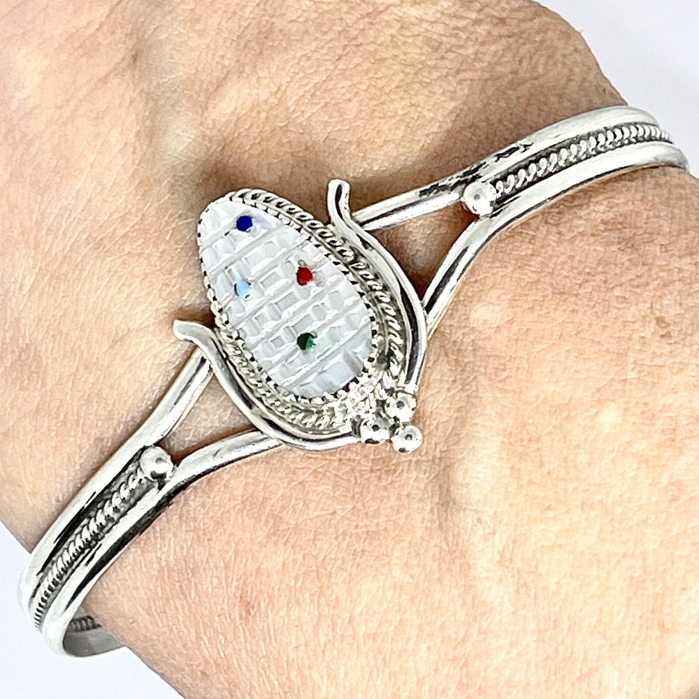 Zuni Corn Cuff Bracelet White MOP Turquoise Native American Signed Sterling